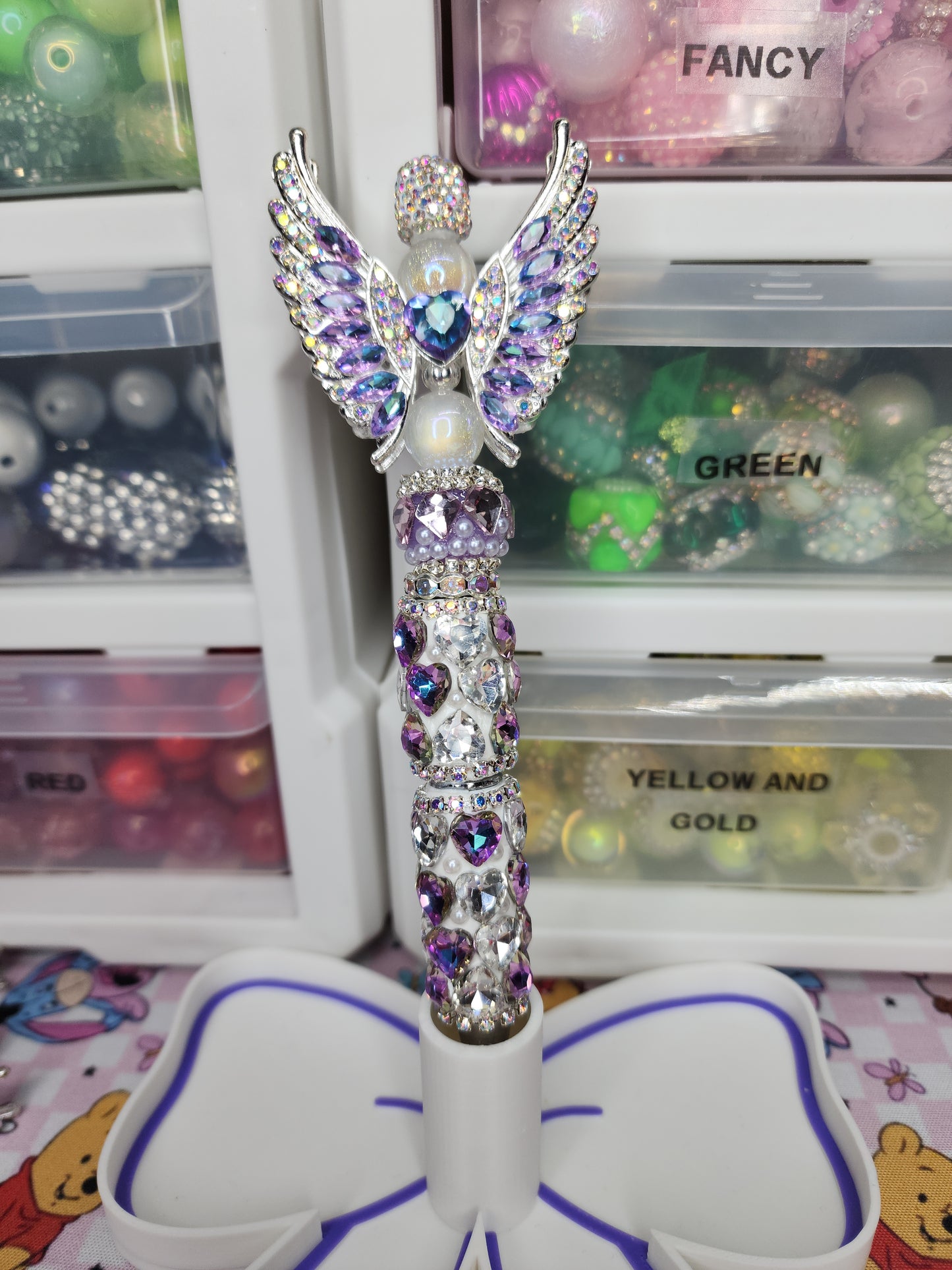 Purple Bluey Angel Wings Fancy Diamond Bead Double Heart Pen