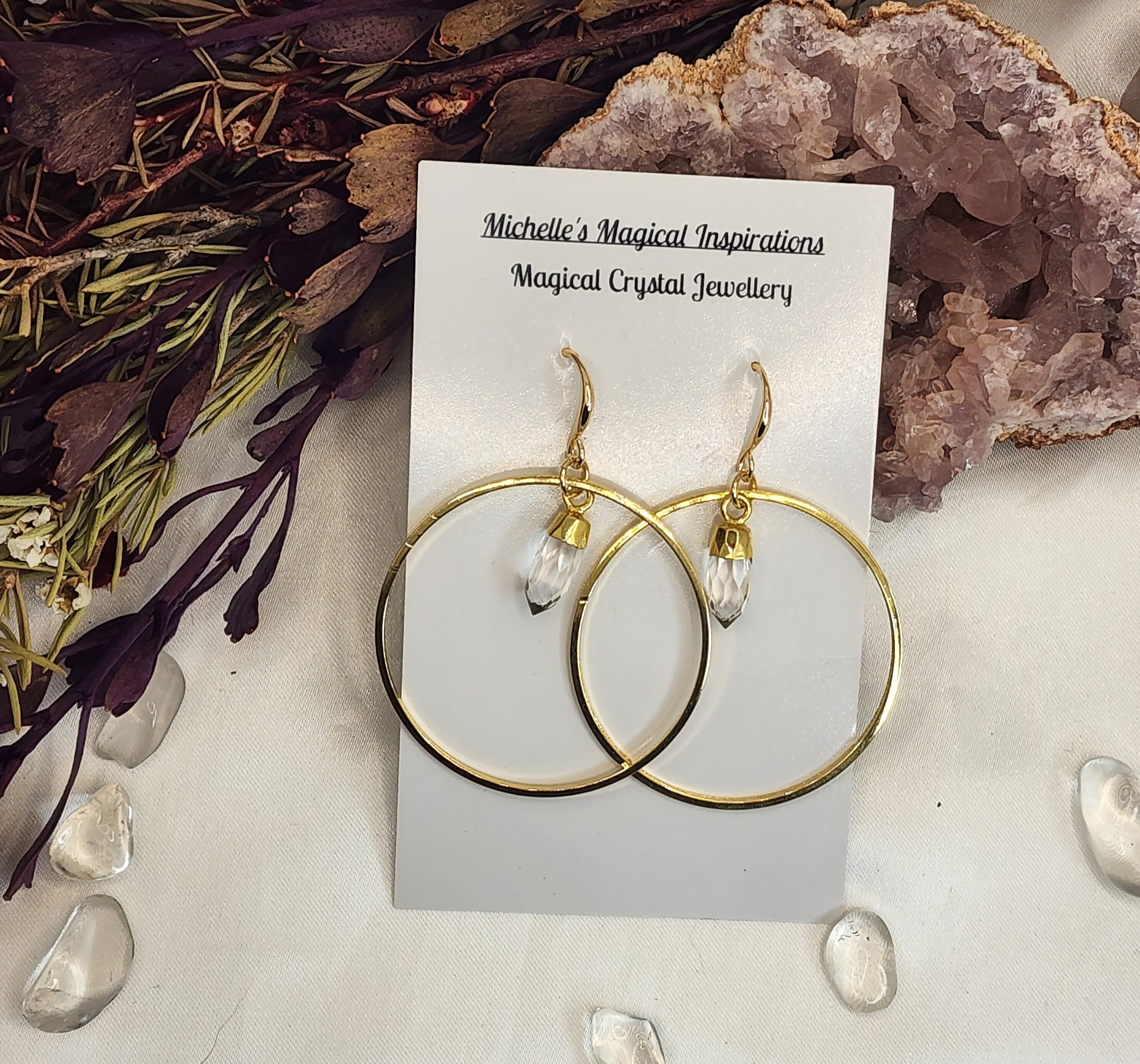 Clear Quartz Drop Gold Hoop Earrings