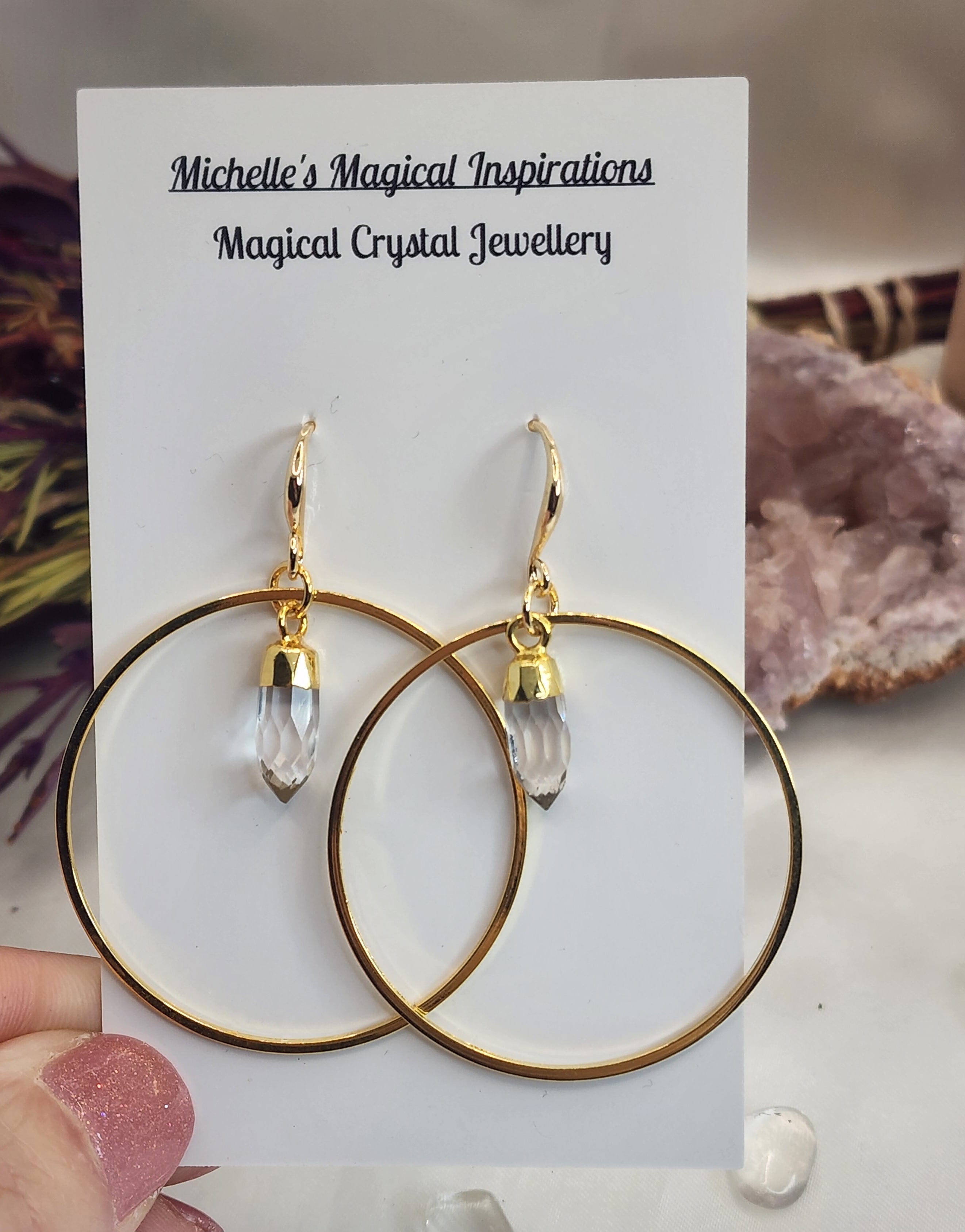 Clear Quartz Drop Gold Hoop Earrings