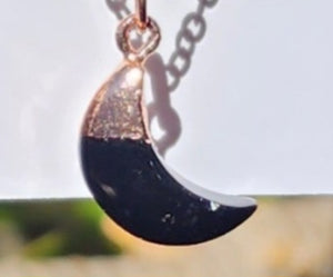 Mookite & Black Onyx Crystal Moon Charm  20.5 Inch Rose Gold Necklace