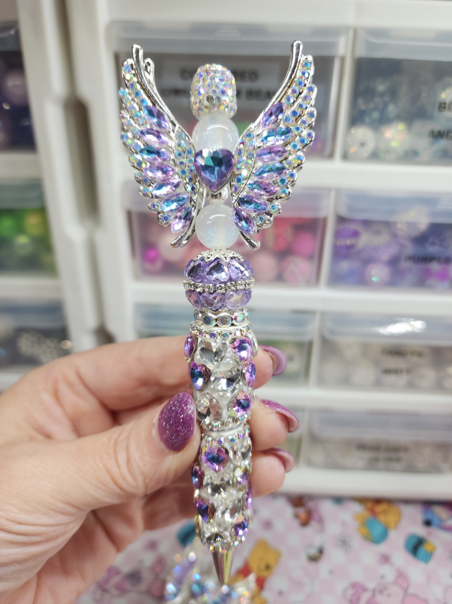 Purple Bluey Angel Heart Pen With Heart Bead